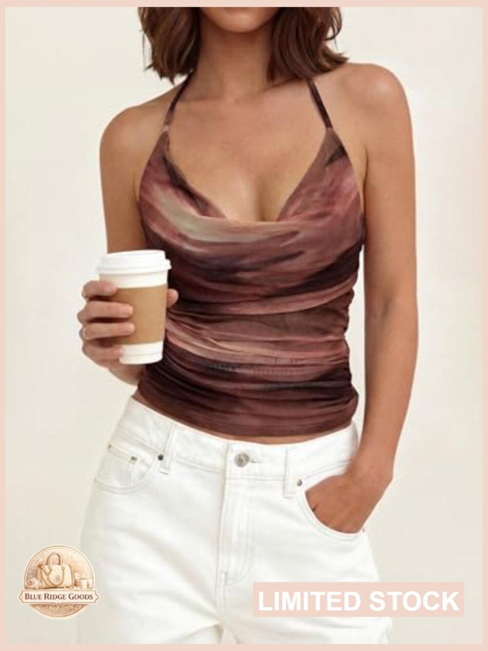 Sleeveless Cowl Neck Halter Top Floral Boho Mesh Backless Y2K Going Out Cute - Picture 4 of 7